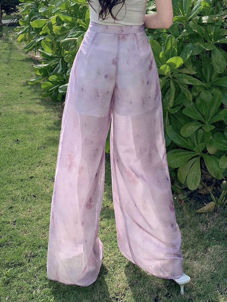 Women's New Summer Plant Print Wide Leg Pants, Loose Straight Leg High Waist Trousers, Versatile & Chic