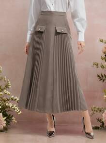 Modelyn Women Plain Color Pocket Button Simple Casual Skirt - Khaki - View 4