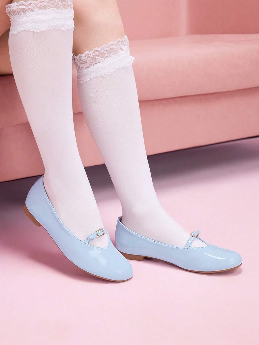 CUCCOO DOLLMOD Women Flat Round Toe Black Patent Leather Mary Jane Shoes, Cute Retro Simple Elegant Fashion - Blue - View 1