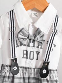 2 件套男婴“MAMA's BOY”口号印花蝴蝶结领短袖衬衫和格子短裤绅士风格吊带套装夏季，儿童服装，幼儿服装，婴儿服装，男婴服装，衬衫，幼儿连体短裤，婴儿套装，6M-3T - 白色 - 查看 4