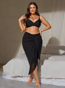 Swim Lushoire Plus Size Women 1pc Long Fringe Hem Sexy Beach Casual Vacation Matching Cover Up Skirt, Summer - Black - View 3