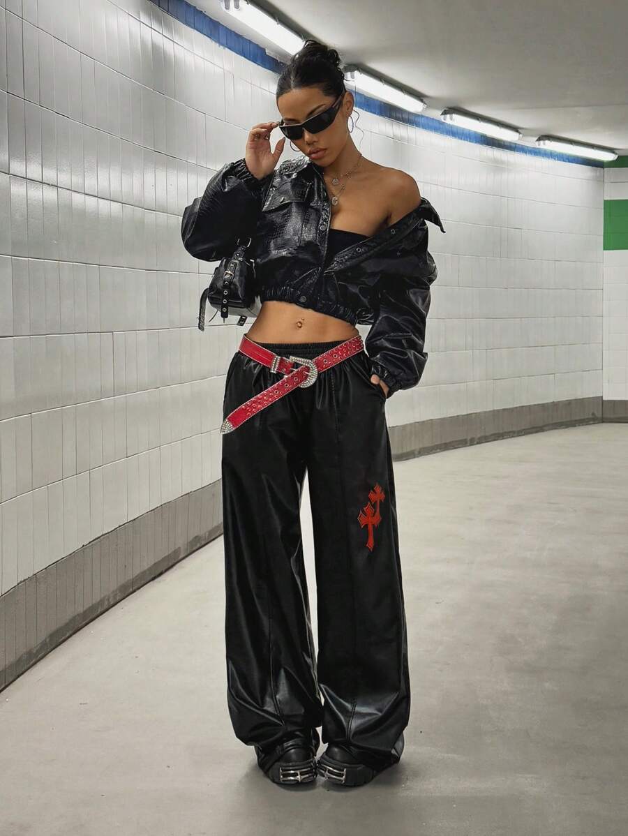 StreetHx 街头风格女款交叉宽松休闲皮裤 - 黑色 - 查看 1