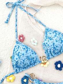 SHEIN Swim 女士夏季海滩度假随意碎花吊带系带金属装饰性感比基尼套装 - 藍色 - 查看 3