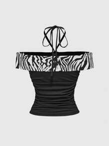 ROMWE J-Fashion Summer Outfits For Women: Halter Neck Tie-Up Crop Top With Zebra Print Patchwork - Black - View 2