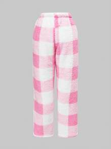 ROMWE Kawaii 甜心可爱女孩舒适温暖心形图案刺绣吊带背心和格子睡裤套装，休闲家居服 - 粉色 - 查看 5