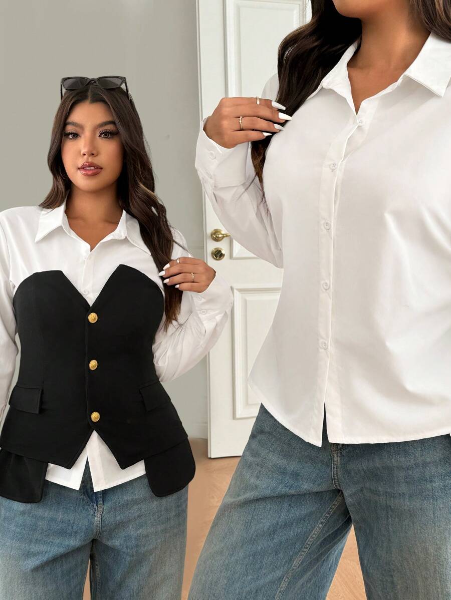 SHEIN EZwear 大码休闲西装套装，简约时尚休闲装，春夏 - 黑與白 - 查看 1