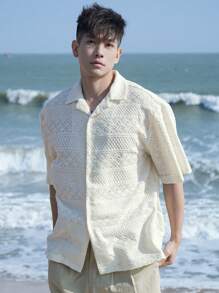 DAZY Summer Vacation Beach White Geometric Pattern Textured Fabric Men's Shirt,Back To School Clothes