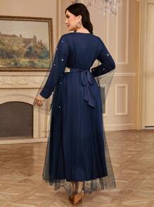 Al Najma Vestido largo elegante para mujer de talla grande con decoración de cinta y estilo árabe de malla - Azul Marino - Ver 2