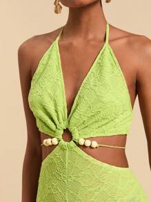 Travachic 春夏波西米亚绿色镂空露腰挂脖串珠修身喇叭连体裤假日风格性感女装