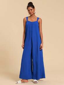 Travachic 净色阔腿吊带连体裤 - 藍色 - 查看 4