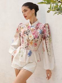 Aveloria Rosie Elegante camisa de señora de manga larga con cuello alto romántico, botones, cintura ceñida y estampado floral