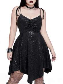 Whyspr Casual Punk Plus Size Women's Sexy Asymmetrical Hem Sequins Camisole Dress - Black - View 8