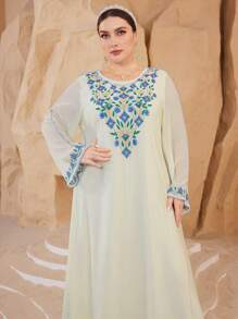 Al Najma Plus Size Embroidered Arabic Long Sleeve Round Neck Long Kaftan Dress,Modest - Apricot - View 5