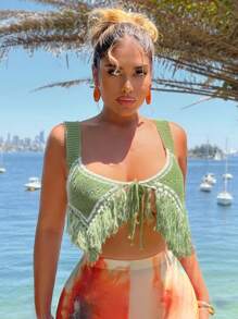 SHEIN SXY Áo hai dây đan hở lưng cổ chữ V sâu cho nữ có viền tua rua, màu xanh lá cây, thường ngày mùa hè, hẹn hò, trang phục đi nghỉ - Nhiều màu - Xem 3