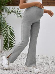 SHEIN 孕妇休闲纯色高腰喇叭裤 - 灰色 - 查看 4