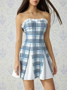 SHEIN MOD Vestido sin tirantes con aplicaciones de encaje, cuello y patchwork de cuadros