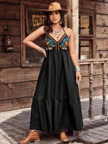 SHEIN LUNE Plus Size Women Floral Print Halter Neck Ruffle Hem Vacation Dress - Black - View 4