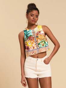 Travachic Canotta corta aderente da donna in misto lino, con stampa di frutti tropicali, senza maniche, stile boho, comoda e alla moda, adatta per vacanze estive - Multicolore - Visualizzare 7