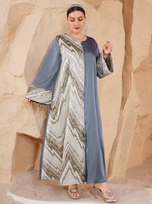 Al Najma 女士喇叭袖提花缎面拼接饰边宽松优雅连衣裙，舒适大码阿拉伯风格派对礼服