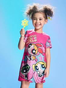 THE POWERPUFF GIRLS X SHEIN Young Girl Heart & Star Cartoon Fun Print Round Neck A-Line Knit Dress - Pink - View 3