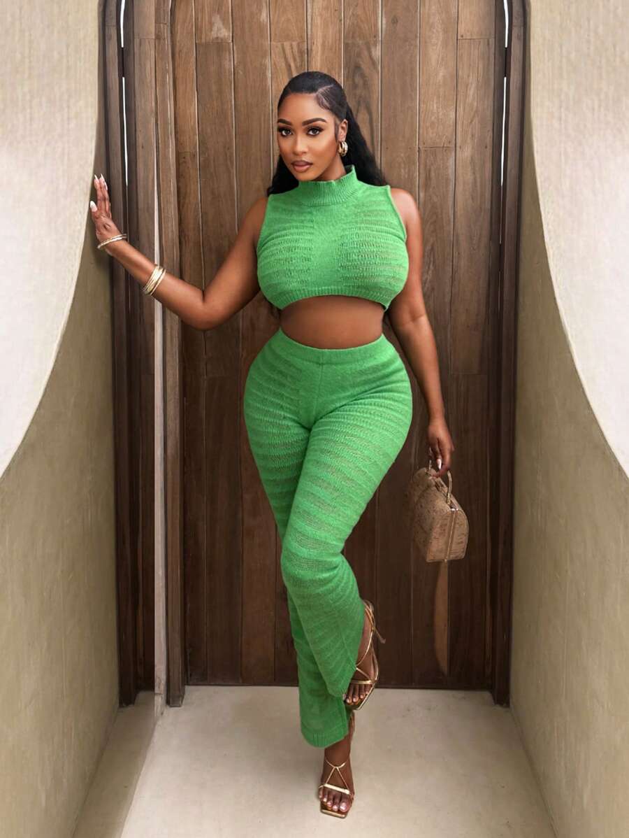 BamGleam A Two-Piece Green Semi Transparent Women's Sweater Set, A Casual And Sexy Spring And Summer Women's Clothing That Meets Basic Travel Needs - Green - View 1