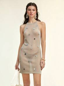 SHEIN LUNE Women's Sexy Cute Dress Sleeveless Sequined Sweater Mini Dress,See Through Dress,Summer Dress,,Vacation Outfits Woman,Holiday Outfits,Beach Wear,Beach Dress