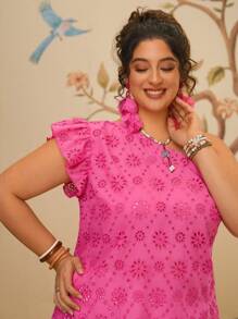 Travachic 复古大码假日休闲波西米亚风玫瑰红色不对称肩领荷叶边袖宽松女式上衣衬衫 - 玫紅色 - 查看 3