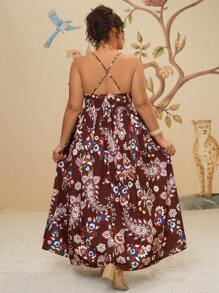 Travachic Plus Size Casual Brown Floral & Print Long Dress, Sleeveless Cinched Waist Vacation Dress For Women - Brown - View 2