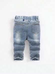 SHEIN Baby Boy Retro Distressed Vintage Washed Ripped Frayed Plaid Patchwork Loose Fit Straight Leg Light Blue Denim Jeans, For Spring/Summer - Light Wash - View 2