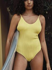 SHEIN Swim SPRTY Letni nowy żółty teksturowany materiał z odkrytymi plecami spaghetti ramiączkami monokini kostium kąpielowy, festiwalowy styl boho plaża wakacje jednoczęściowy kostium kąpielowy