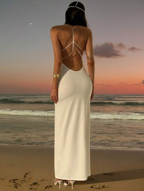 Aloruh Elegante cor sólida sexy aberto costas sem mangas vestido de praia, vestido formal festa sem costas, branco