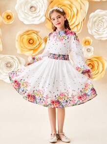 SHEIN Leap Crew 少女花卉印花灯笼袖上衣和裙子 - 彩色 - 查看 1