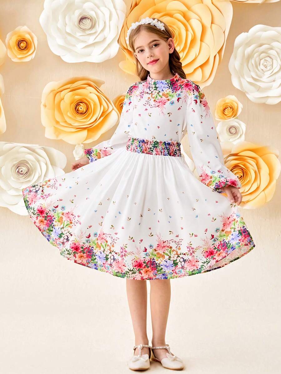 SHEIN Leap Crew 少女花卉印花灯笼袖上衣和裙子 - 彩色 - 查看 1