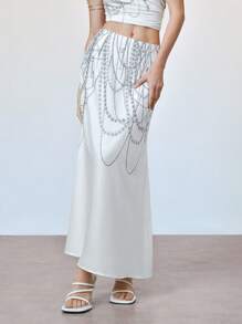 SHEIN Unity Women's Pearl 3D Print Sexy Low Waist Casual Skirt, Spring/Summer - White - View 7