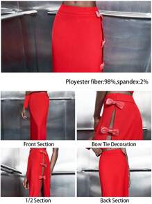 Maija Women's High Slit Bow Decorated Red Side Slit Skirt, Versatile All-Season Elegant Romantic Design, Fashionable Maxi Length Skirt, Suitable For Girlfriend Gifts, Valentine's Day Festival - Red - View 2