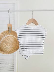 SHEIN Babygirl 夏季可爱百搭针织扭纹条纹背心 - 黑與白 - 查看 2