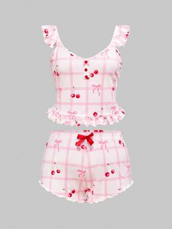 Kawaii Conjunto de ropa de dormir de talla grande con volantes, botones y estampado de cuadros con lazo de cereza dulce