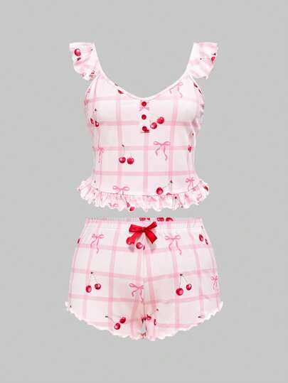 Kawaii Ensemble de pyjama grande taille avec volants, boutons et imprimé carreaux nœud de cerise pour la maison