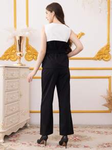 SHEIN 2 sztuki/zestaw dla nastoletniej dziewczyny, bez rękawów, kontrastowy kolor, ściągany top i długie spodnie - Czarne - Zobacz 2