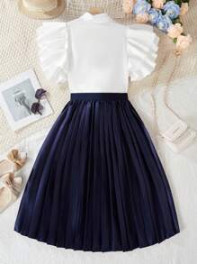 2 pièces Ensemble chemise à manches courtes avec volant blanc et jupe plissée pour pré-adolescentes, tenue décontractée/bureau, printemps/été