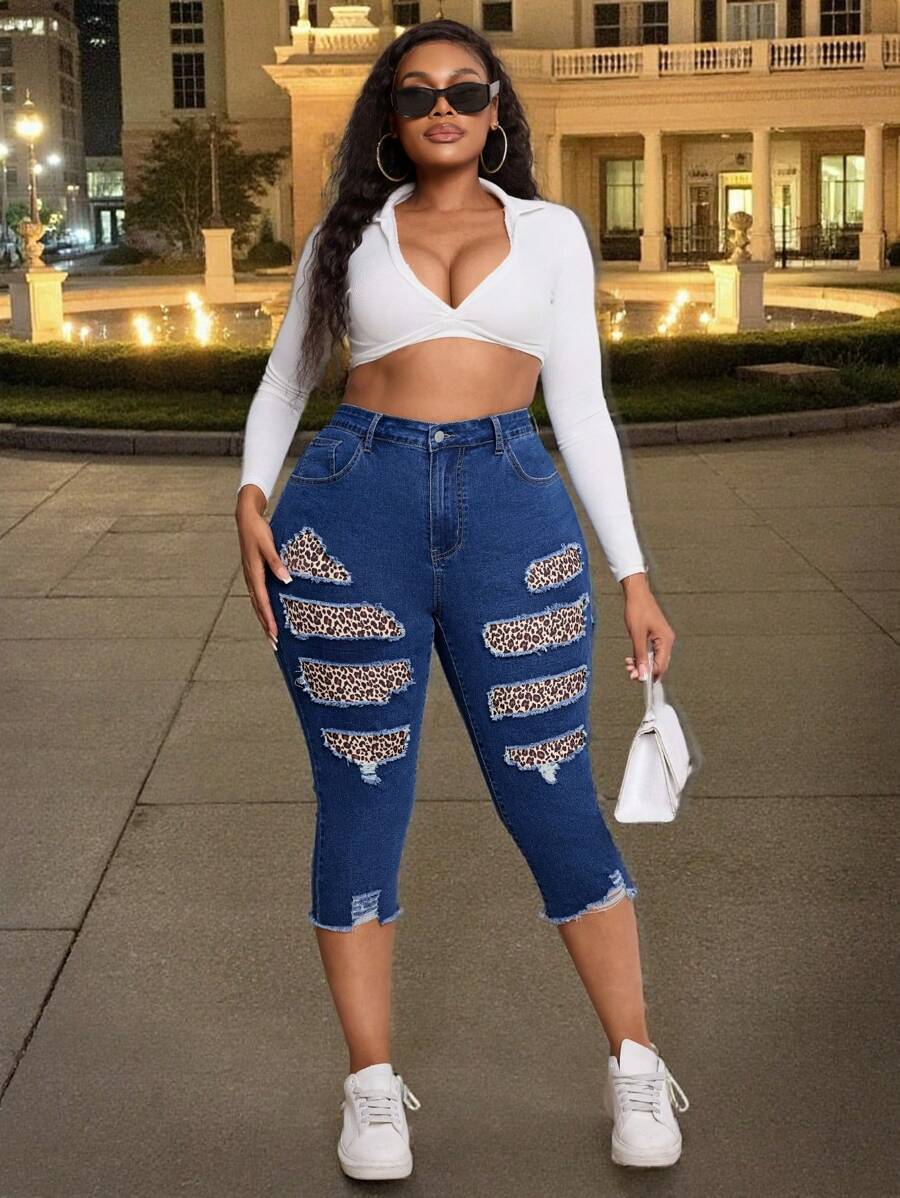 SHEIN SXY Quần Jeans Skinny Họa Tiết Da Báo Gợi Cảm Cho Nữ Cỡ Lớn - Màu xanh lam - Xem 1