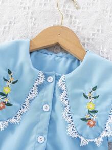 Girls Summer Embroidered Ruffle Collar Short Sleeve Dress, Versatile, 4-7 Years - Blue - View 4