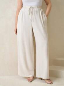 SHEIN Clasi Plus Size Franse Stijl Trekkoord Taille Wijde Pijpen Broek, Geschikt Voor Woon-werkverkeer, Minimalistisch, Kantoorkleding, Vintage, Casual, Terug Naar School, Zomer Vrouwen, Khaki
