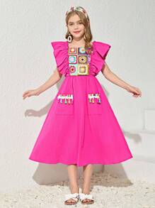 SHEIN Leap Crew Tween Girl Floral Print Ruffle Trim Pocket Patched Dress - Hot Pink - View 5