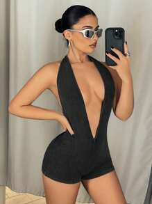 SHEIN ICON Women's Y2k Spring Summer Sexy Deep V-Neck Halter Backless Romper Unitard,Casual For Everyday Wear - Grey - View 7