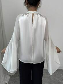 Elenzga Camisa de cuello redondo casual con diseño de patchwork, moda minimalista para uso diario - Albaricoque - Ver 2