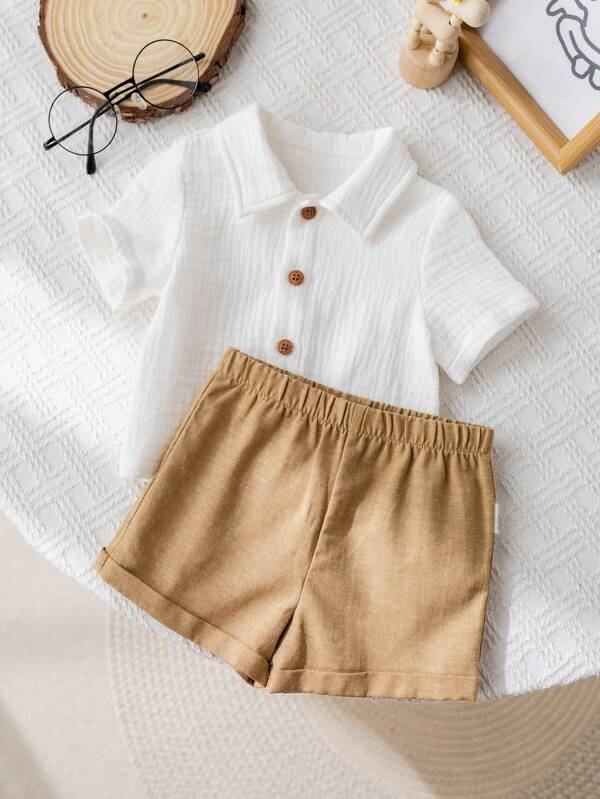 2pcs Newborn Baby Boy Summer Casual Solid Color Shirt & Shorts Set, Suitable For Birthday Party, Formal Events, Wedding, Baby Shower, Etc.