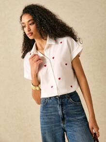 Poéselle 女士休闲心形印花短袖衬衫夏季衬衫白衬衫白衬衫茶会服装办公室服装夏季衬衫夏季上衣 - 白色 - 查看 5