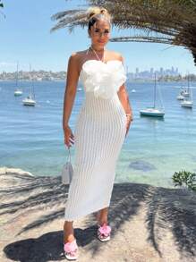 SHEIN SXY Women's Vacation 3D Floral Decor Halter Bodycon Dress