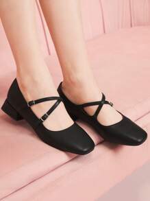 CUCCOO DOLLMOD Women's Commuter Elegant High-Quality Black PU Criss-Cross Strap Comfortable Square Toe Low Heel Mary Jane Flats, Fashion Blogger Work & Dating Outfit - Black - View 3